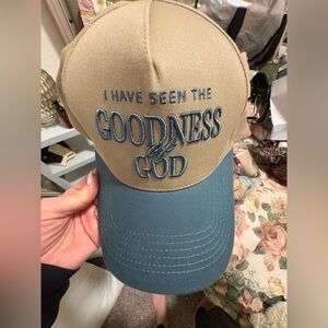 Tan and Blue Cap with Embroidered Text